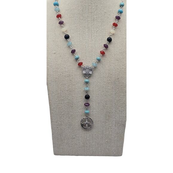 Boho Blue and Red Beaded Peace Sign Y Necklace - Picture 3 of 7
